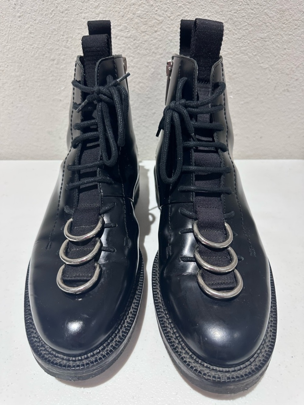 Dsquared2 black leather lace up zip d-ring combat boots Italy EU 43 US 10